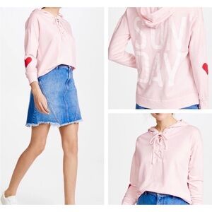 Sundry Sunday Heart Sleeve Lace Up Sweatshirt Hoodie Top Cream Pink
